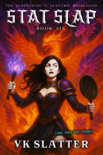 Stat Slap Book Six cover: the heroine holds a torch and a frying pan surrounded by a fiery phoenix and dragons.